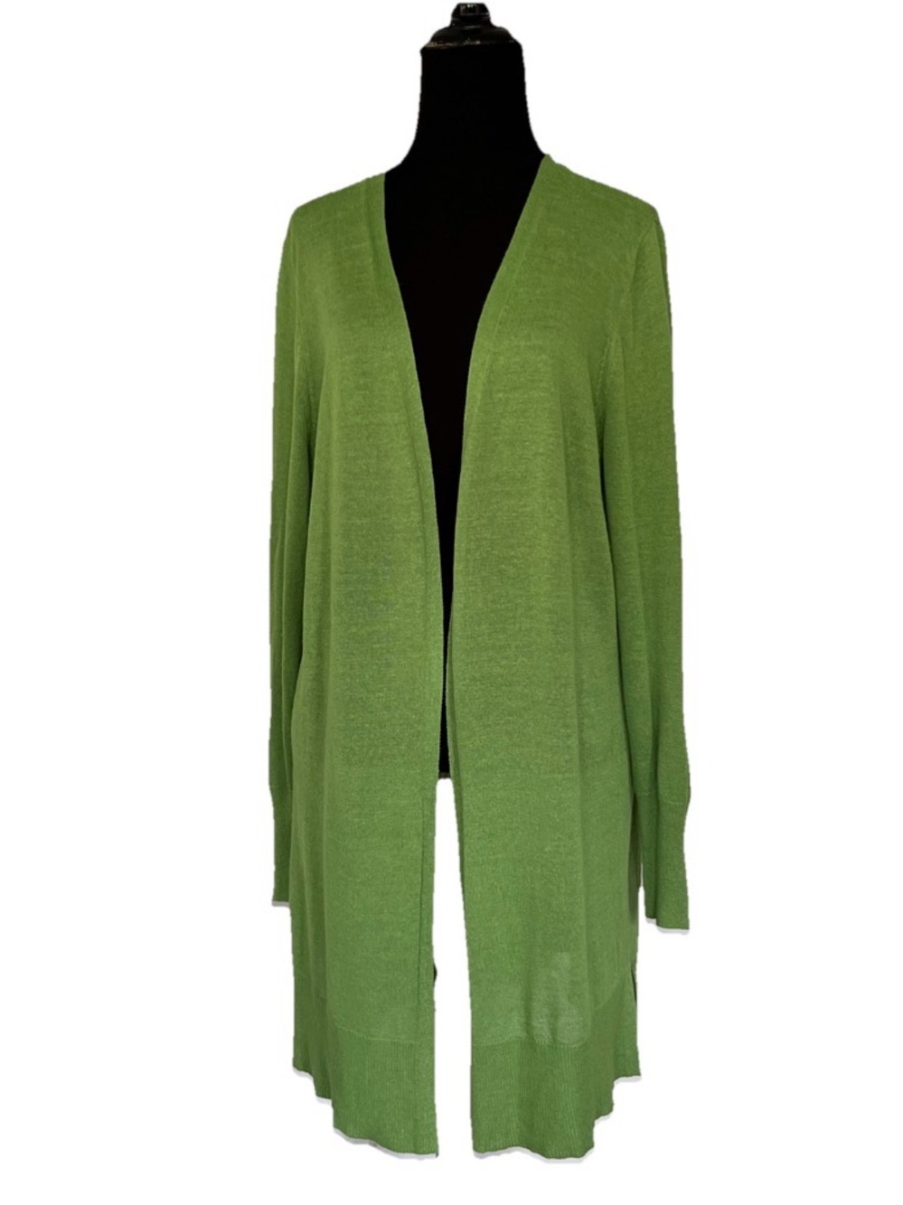 Halogen Linen Open-Front Long Apple Green Cardigan Lightweight Sweater 
Large